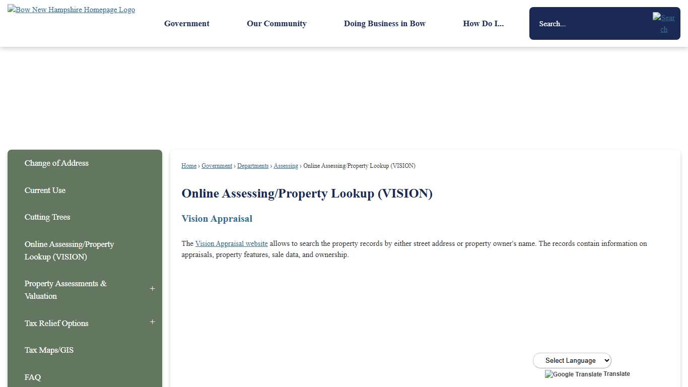 Online Assessing/Property Lookup (VISION) | Bow, NH